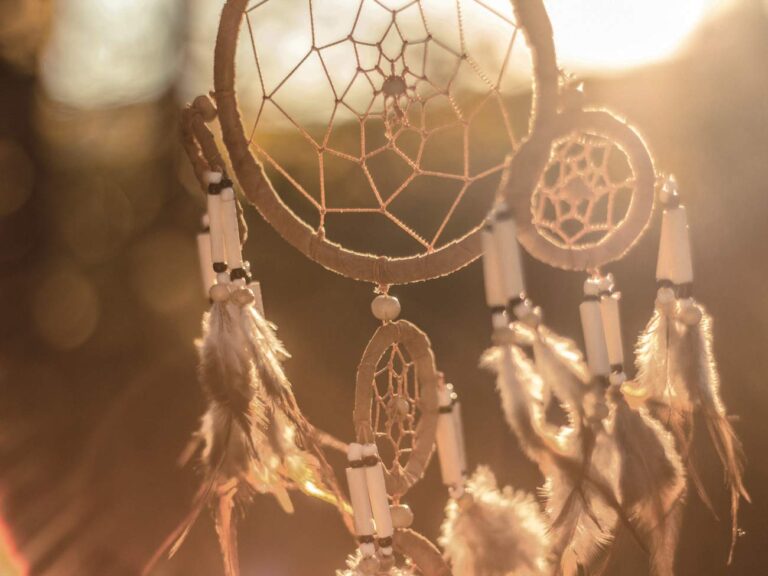 Native American dreamcatcher on brown background.