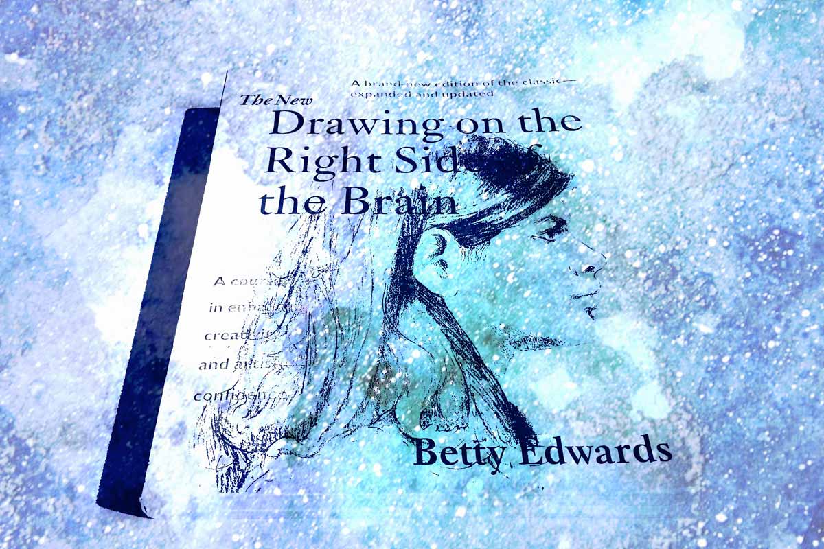 The book, Drawing on the Right Side of the Brain, centered on a blue and purple background.
