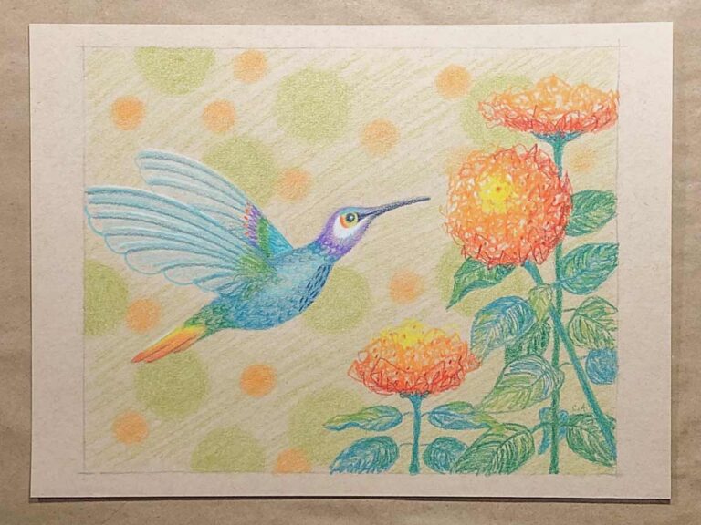 Colored pencil drawing of a rainbow hummingbird about to sip on orange and yellow flowers.