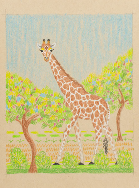 Giraffe drawing with two trees and blue sky background