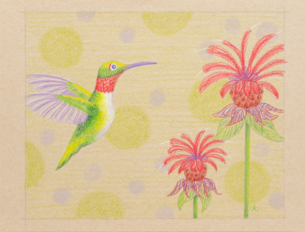 Drawing of green and red hummingbird with two red flowers