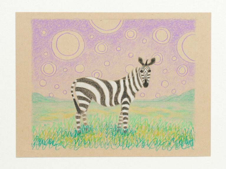 Zebra with purple sky, colored pencil drawing